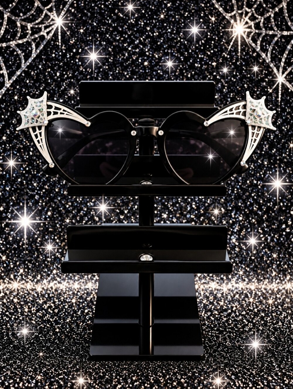 Black Cat-Eye Sunglasses with Silver Crystal Spider Web Accents